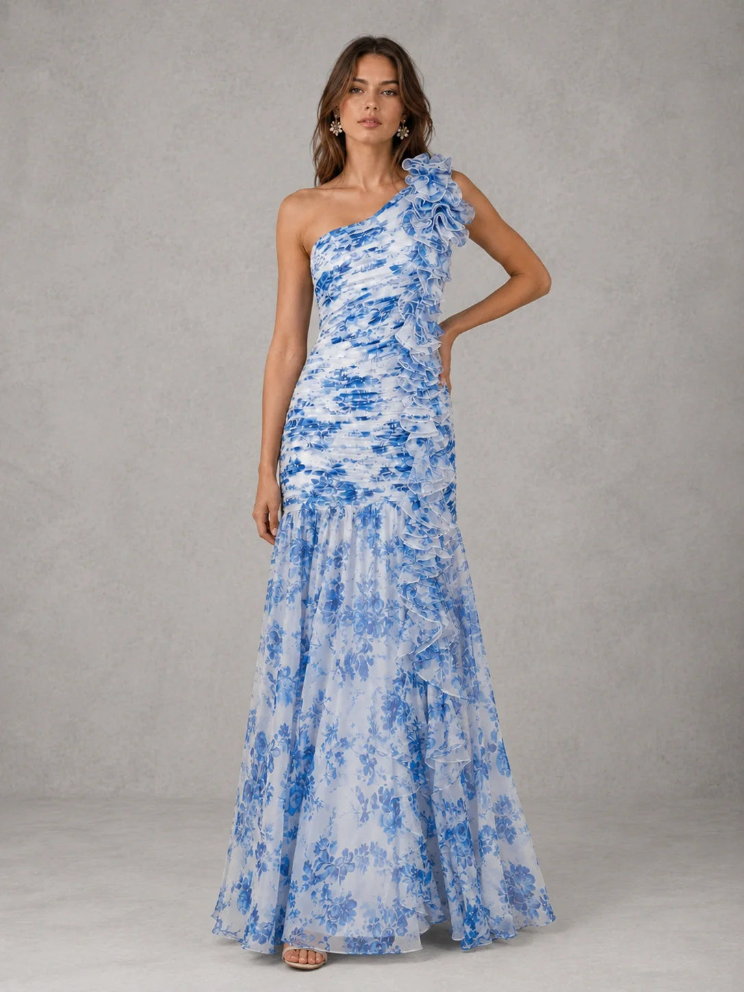 Blue Floral One Shoulder Ruffle Maxi Dress