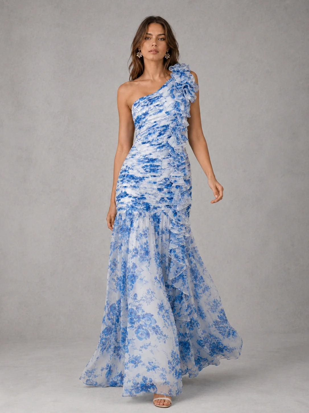 Blue Floral One Shoulder Ruffle Maxi Dress