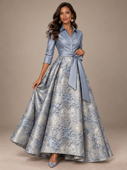 Dusty Blue Floral Jacquard Mother of the Bride A-Line Gown