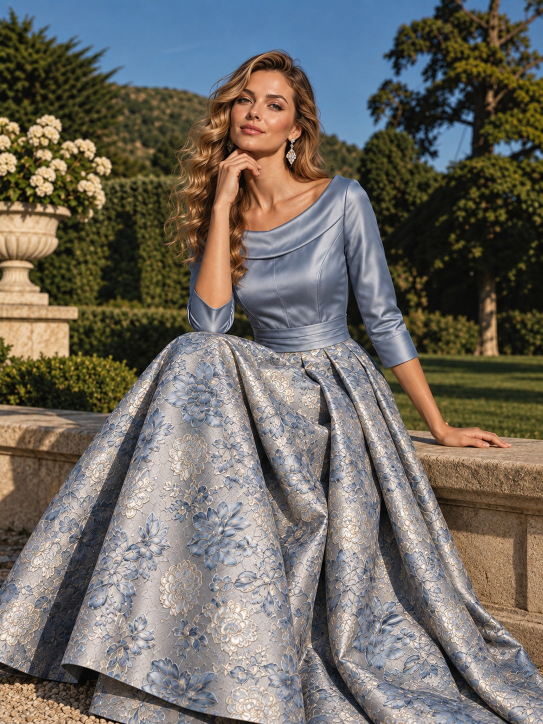 Dusty Blue Floral Jacquard Mother of the Bride Dress