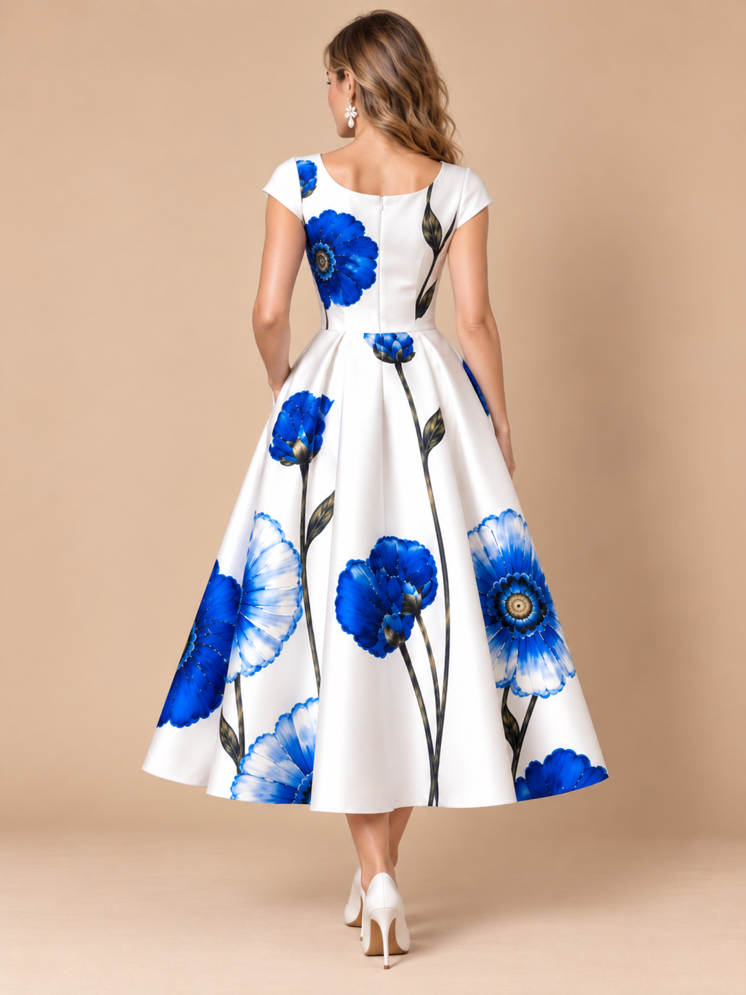 Blue Floral Print Fit-and-Flare Midi Dress with Pockets