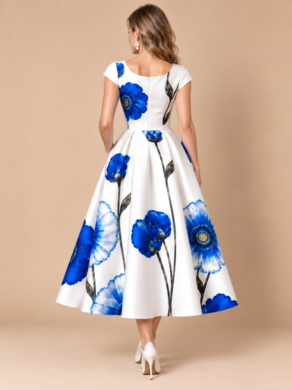 Blue Floral Print Fit-and-Flare Midi Dress with Pockets