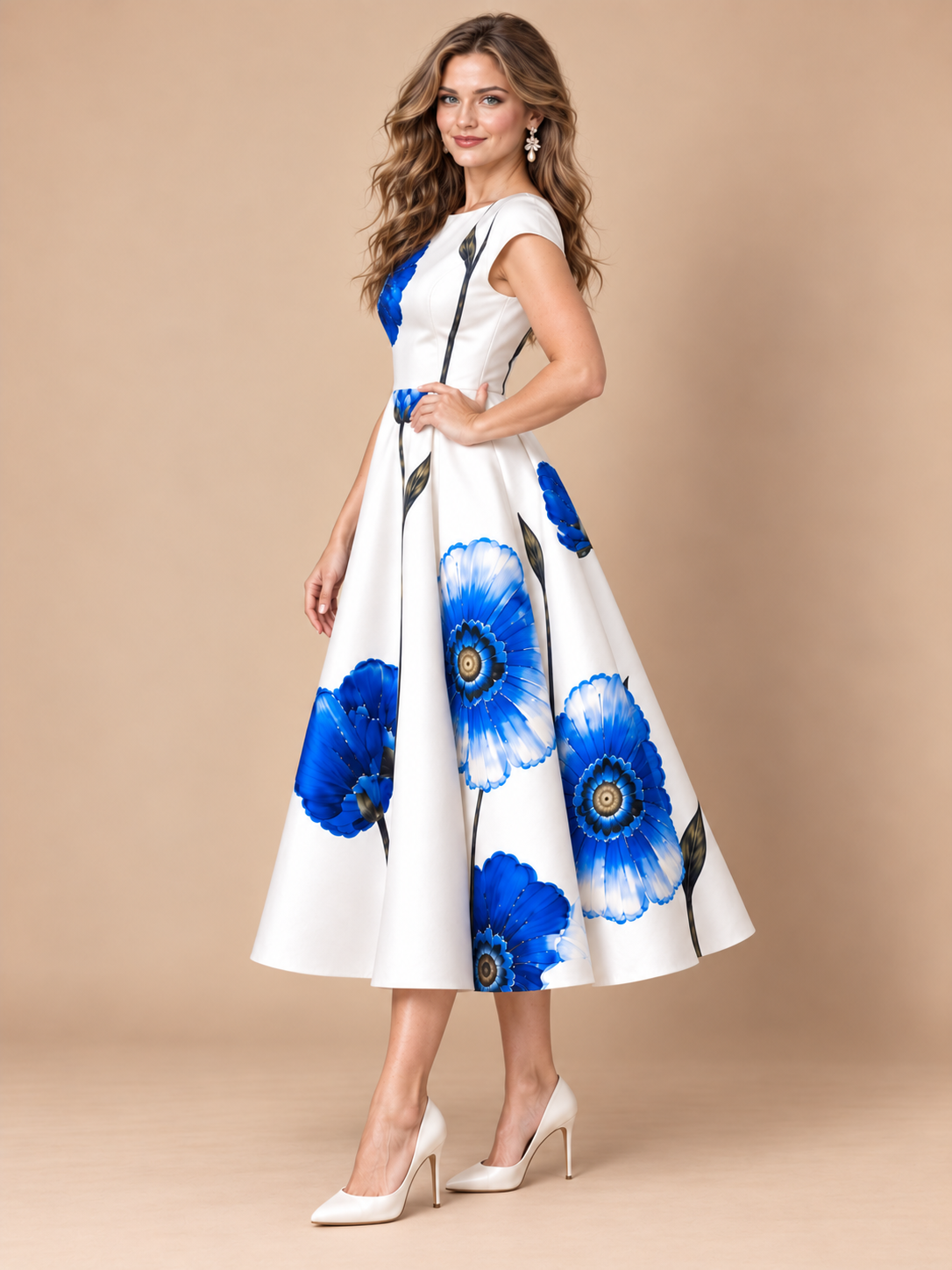 Blue Floral Print Fit-and-Flare Midi Dress with Pockets