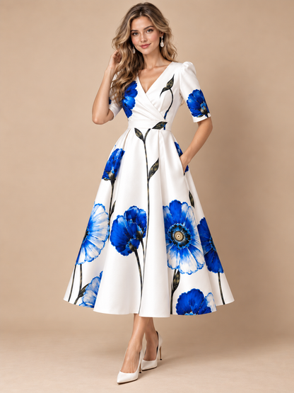 Blue Floral Print V-Neck A-Line Midi Dress with Pockets
