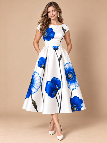 Blue Floral Print Fit-and-Flare Midi Dress with Pockets