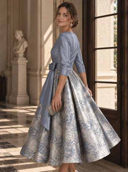 Dusty Blue Floral Jacquard Mother of the Bride Midi Dress