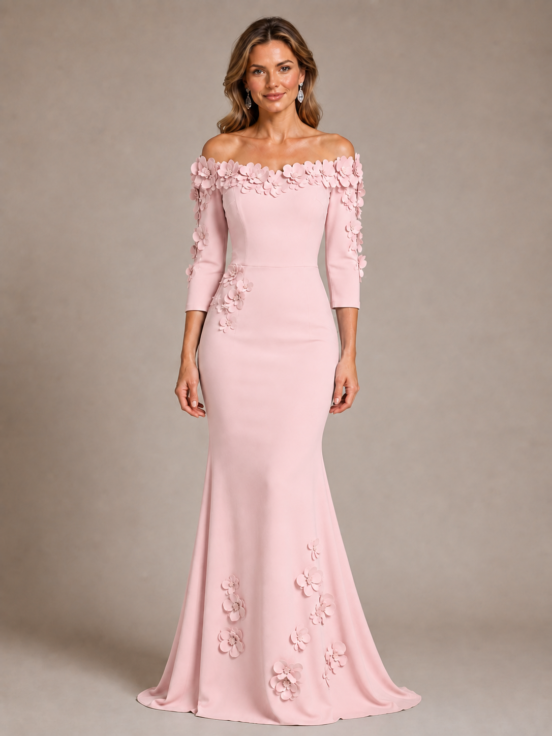 Light Blue 3D Floral Applique Off-the-Shoulder Mother of the Bride Dress