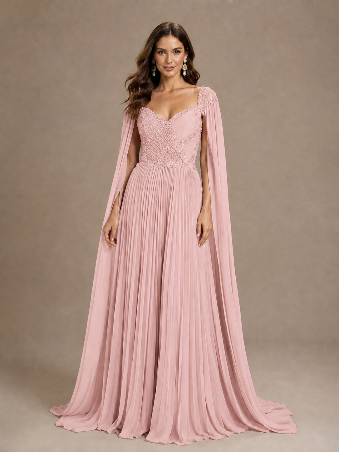 Sage Green Beaded Cape Sleeve Mother of the Bride Dress