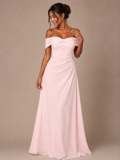 Blush Pink Off-the-Shoulder A-Line Mother of the Bride Dress