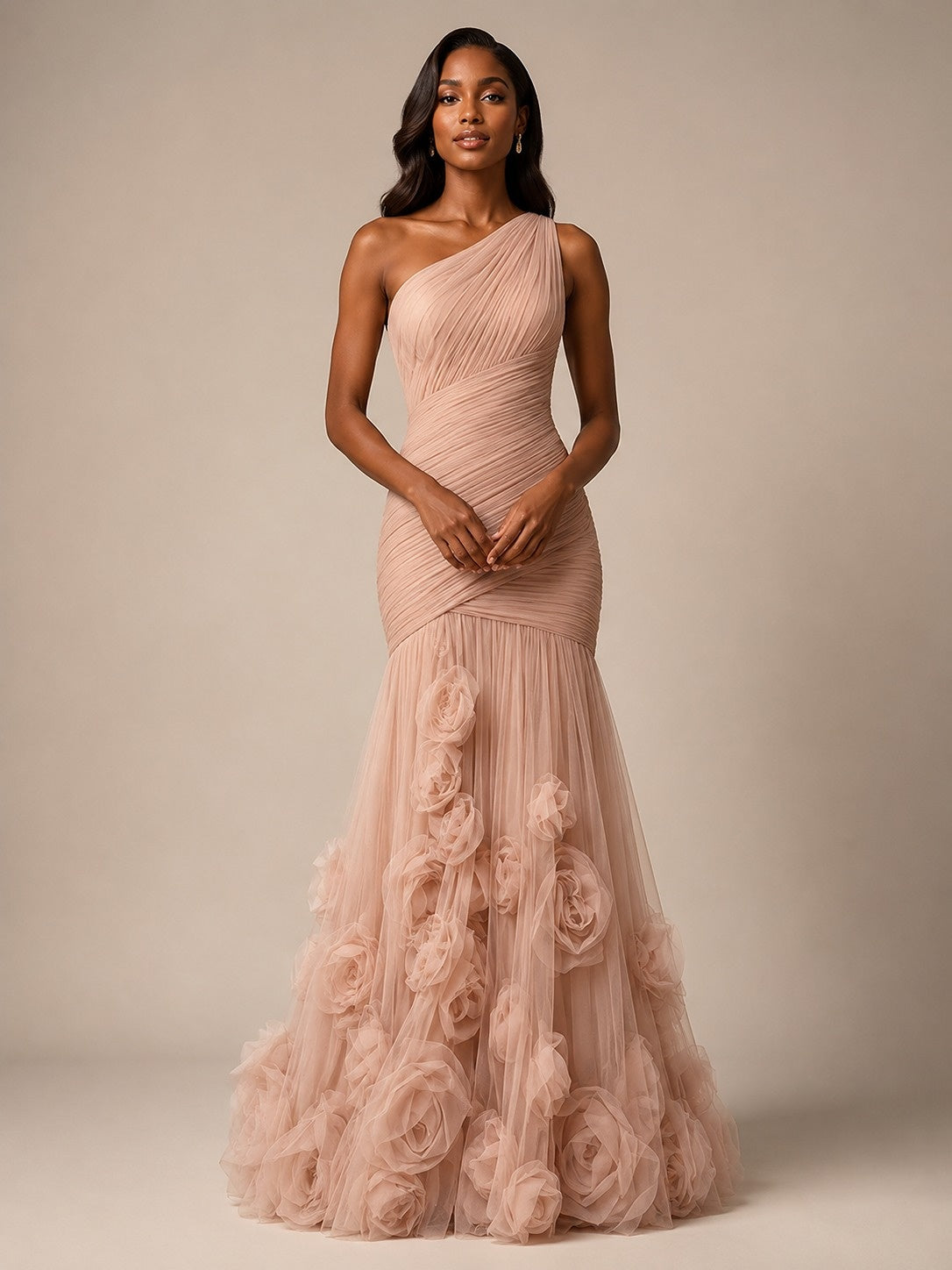Blush Pink One Shoulder 3D Floral Mermaid Prom Dress
