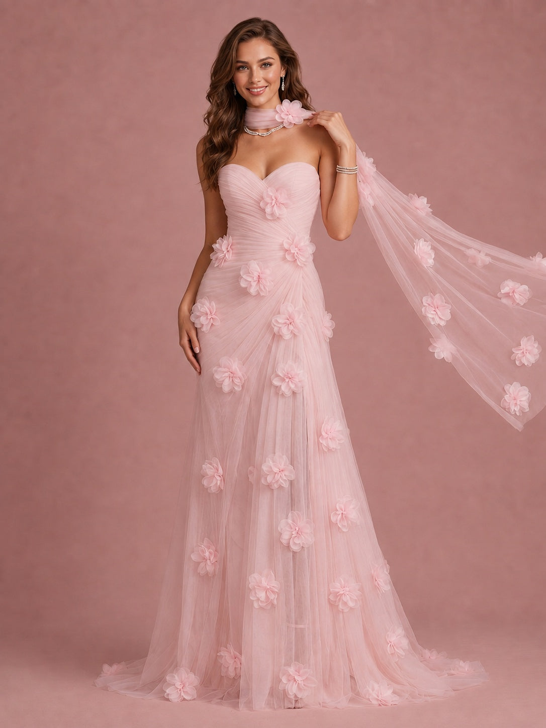 Blush Pink Strapless Sweetheart 3D Floral Tulle Mermaid Prom Dress