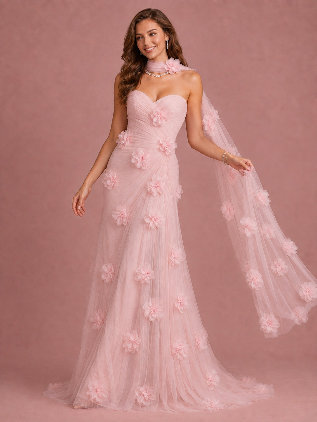 Blush Pink Strapless Sweetheart 3D Floral Tulle Mermaid Prom Dress