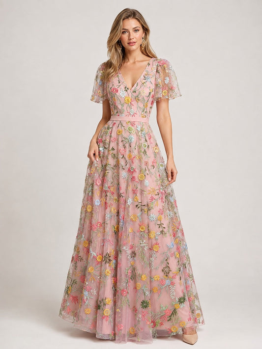Blush Pink V-Neck Floral Embroidered Flutter Sleeve A-Line Bridesmaid Dress