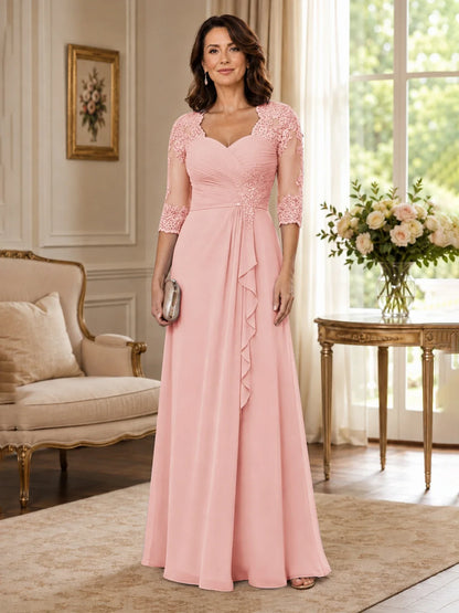 Chiffon Lace Applique Mother of the Bride Dress with 3/4 Sleeves