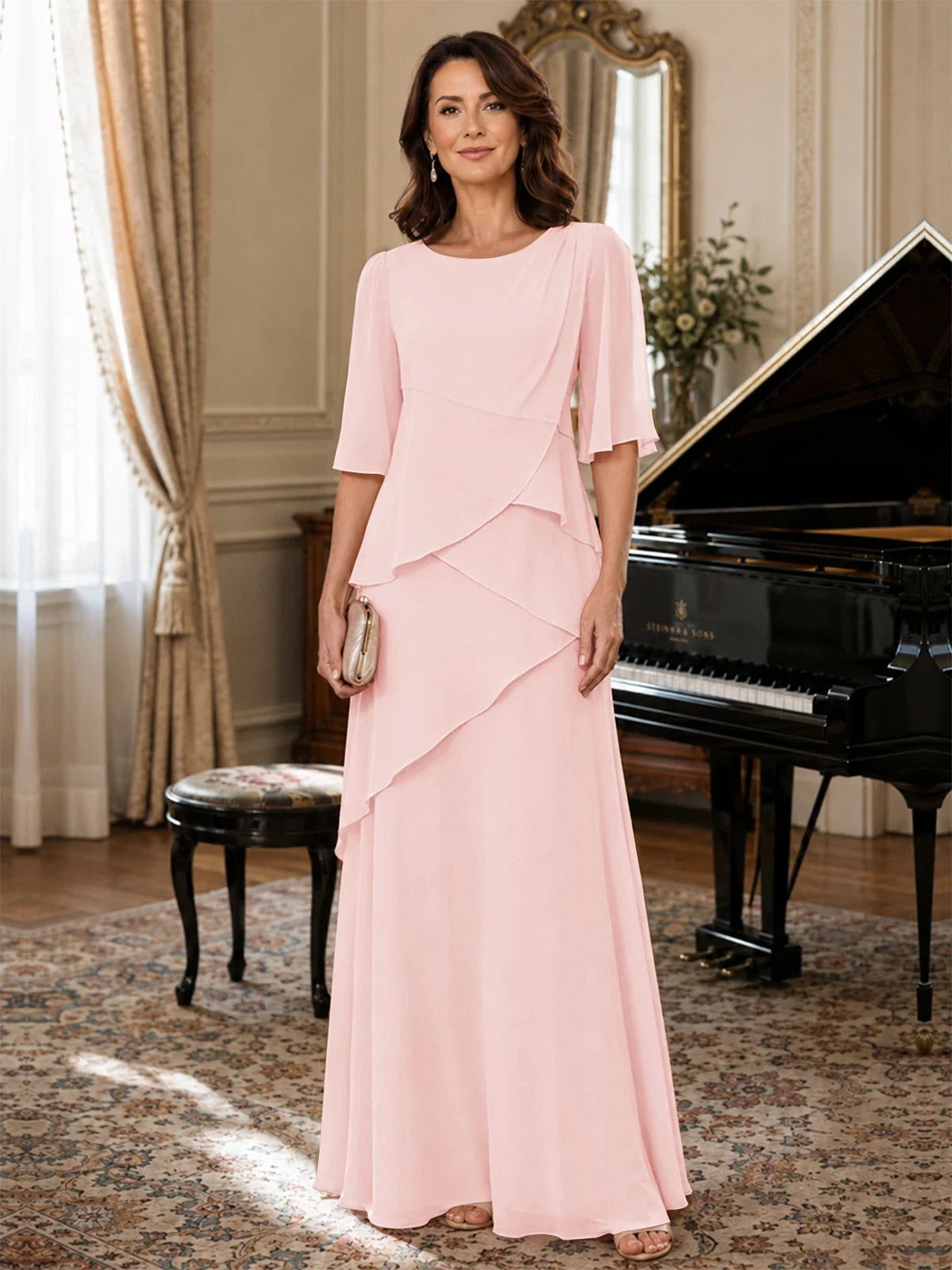 Asymmetric Draped Chiffon Mother of the Bride Dress with Flutter Sleeves