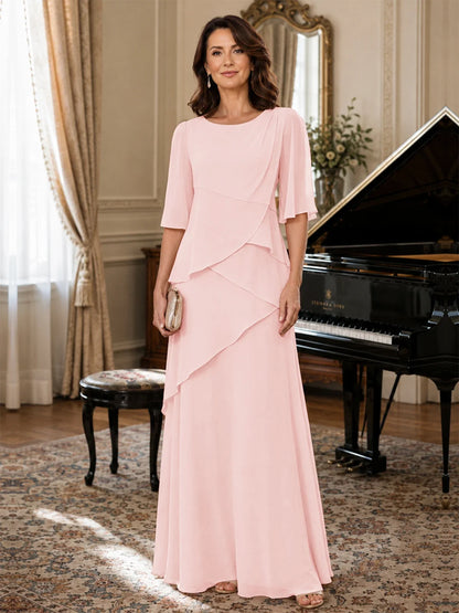 Asymmetric Draped Chiffon Mother of the Bride Dress with Flutter Sleeves