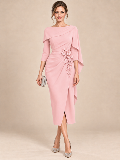 Light Blue Cape Sleeve Mother of the Bride Midi Dress with Floral Applique