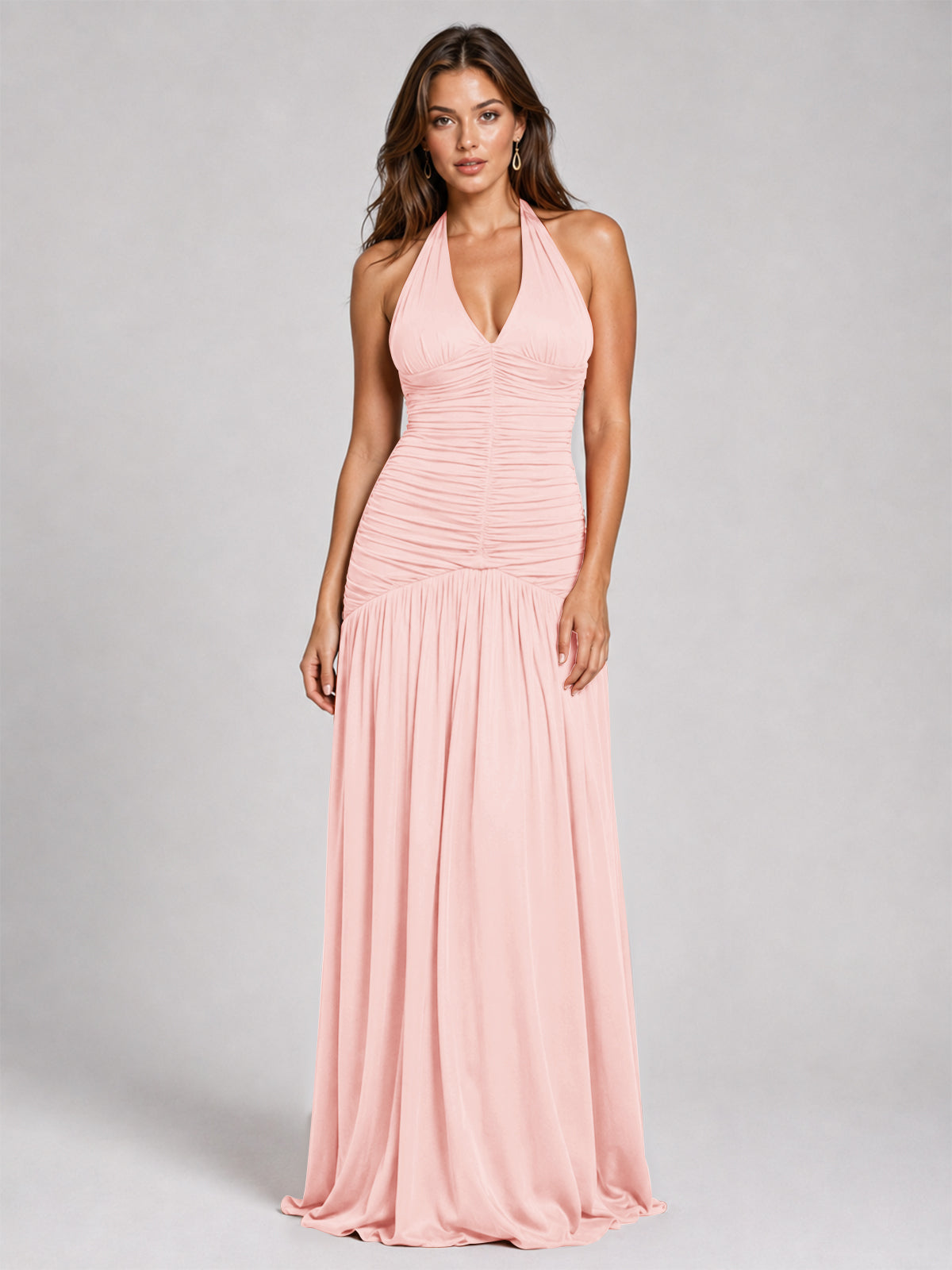 Burnt Orange Ruched Halter Drop-Waist Prom Dress
