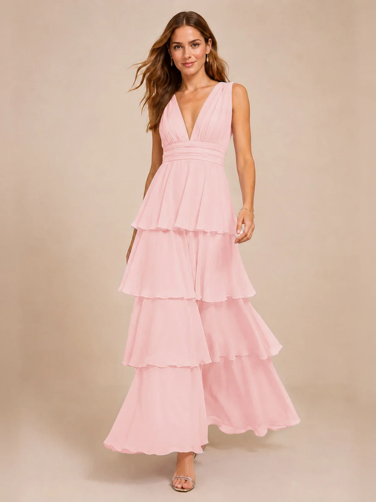 Elegant Deep V Neck Chiffon Bridesmaid Dress with Tiered Ruffles