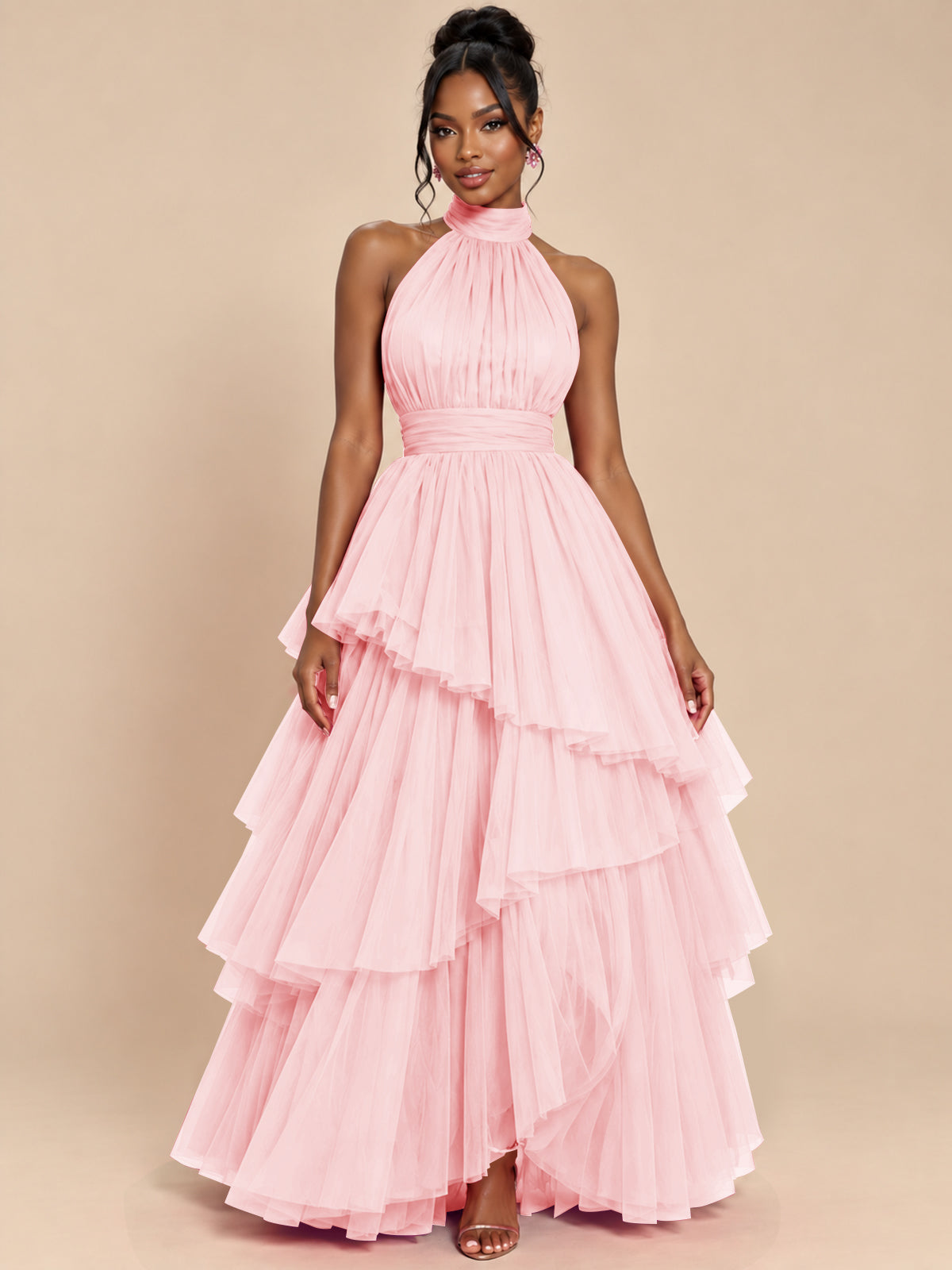 Hot Pink Tulle Halter Neck Tiered Ruffle Maxi Dress