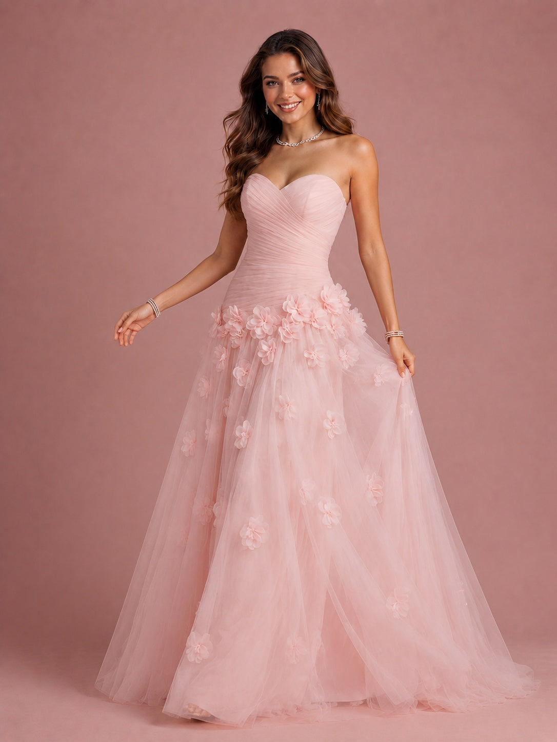 Blush Pink Strapless Sweetheart 3D Floral Tulle Ball Gown Prom Dres