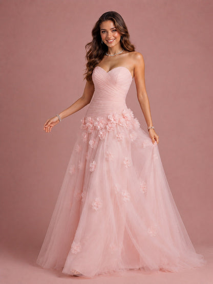 Blush Pink Strapless Sweetheart 3D Floral Tulle Ball Gown Prom Dres