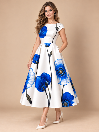 Blue Floral Print Fit-and-Flare Midi Dress with Pockets