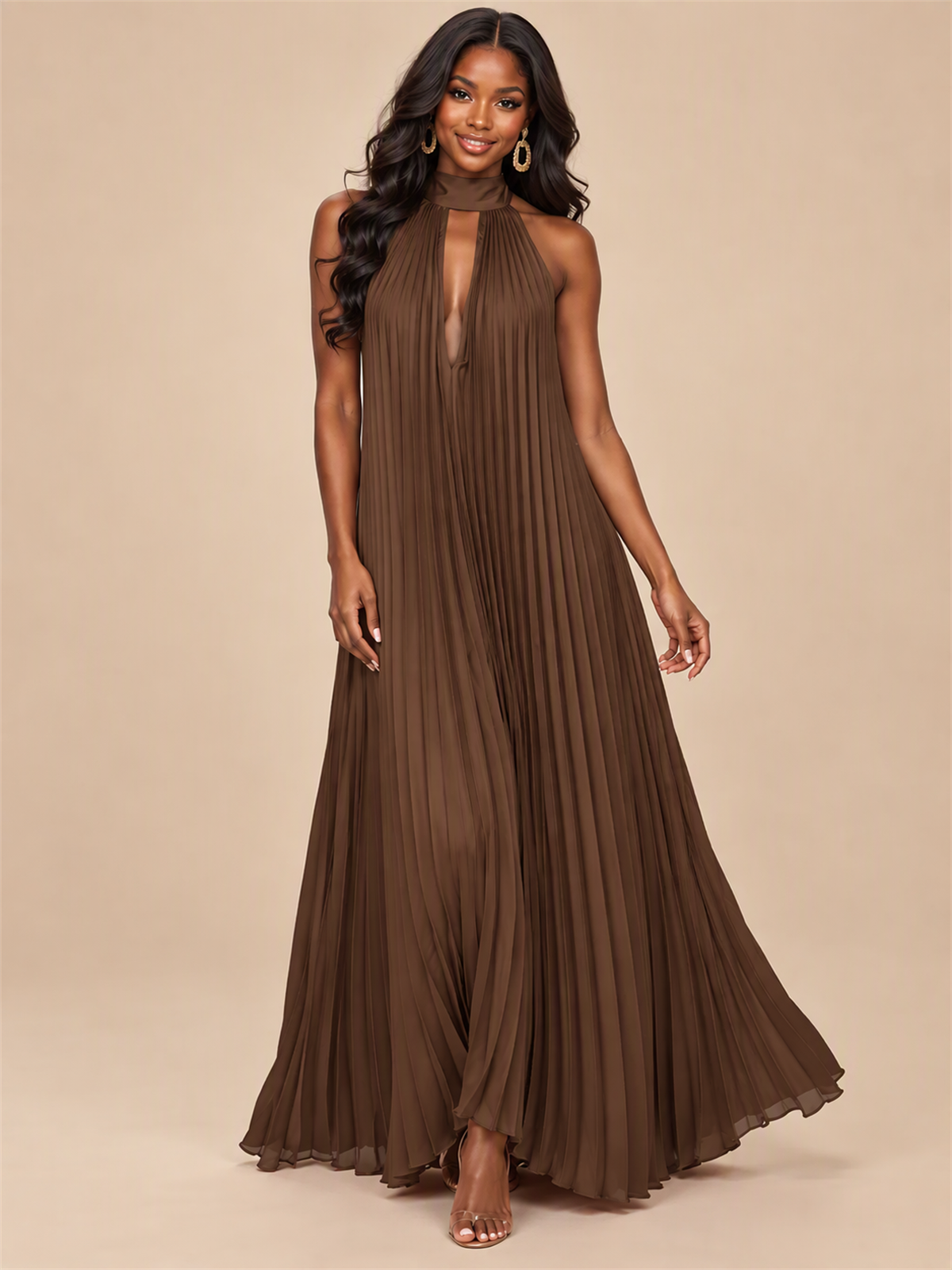 Rust Orange Pleated Halter Neck Maxi Dress