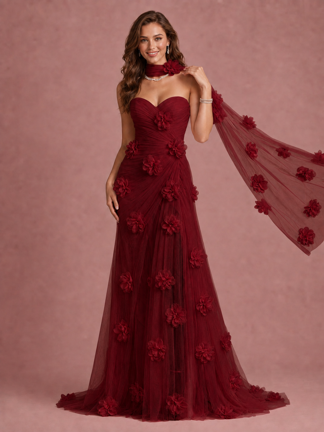 Blush Pink Strapless Sweetheart 3D Floral Tulle Mermaid Prom Dress