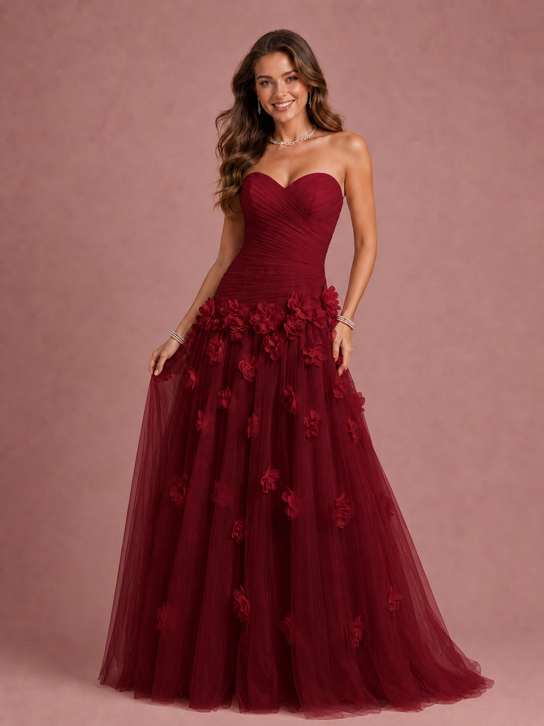 Blush Pink Strapless Sweetheart 3D Floral Tulle Ball Gown Prom Dres