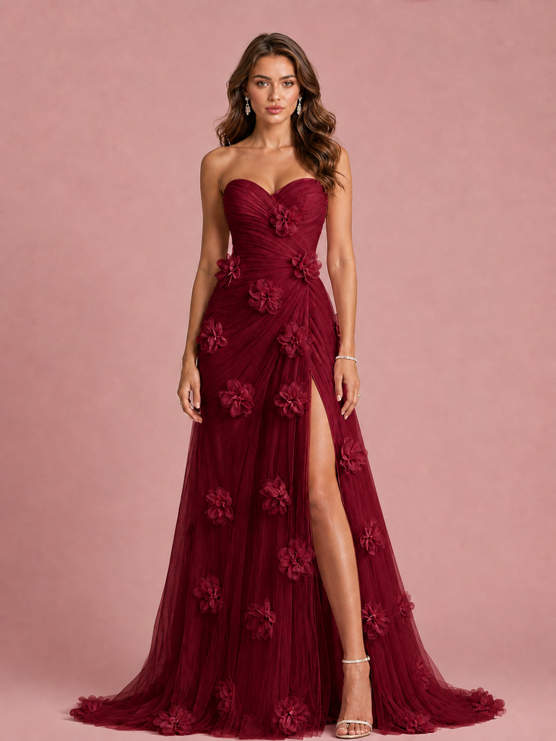 Pink 3D Floral Applique Strapless Tulle Prom Dress with High Slit