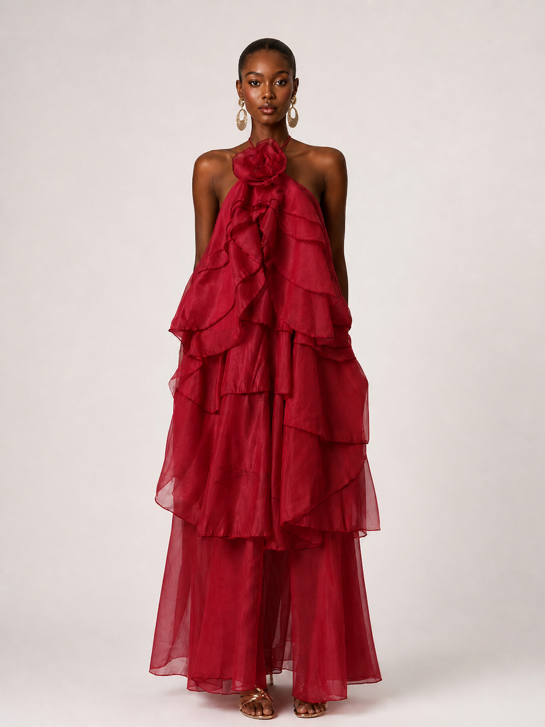 Orange Chiffon Halter Ruffle Maxi Dress with 3D Flower