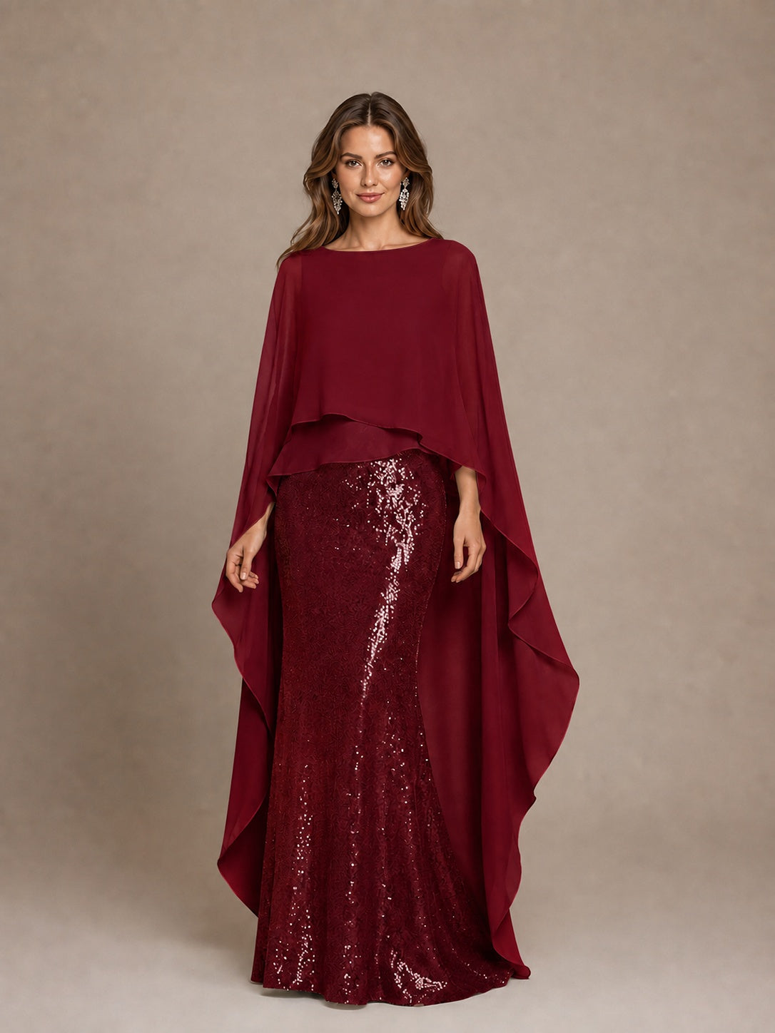 Sage Green Sequin Cape Sleeve Mother of the Bride Gown
