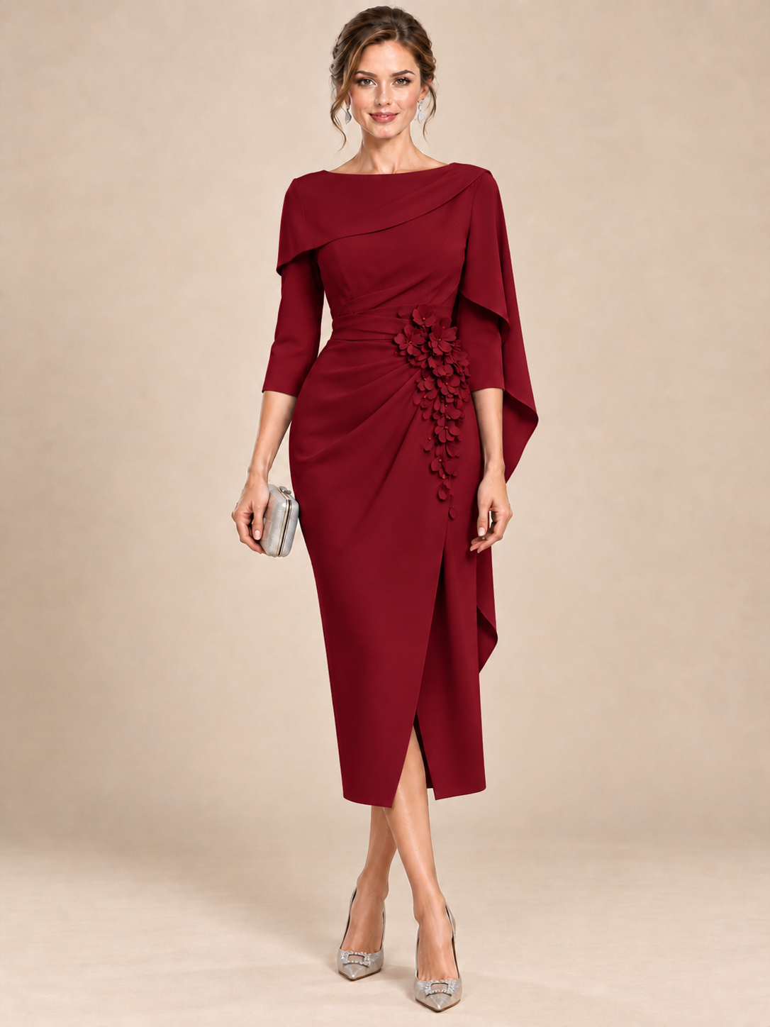 Light Blue Cape Sleeve Mother of the Bride Midi Dress with Floral Applique