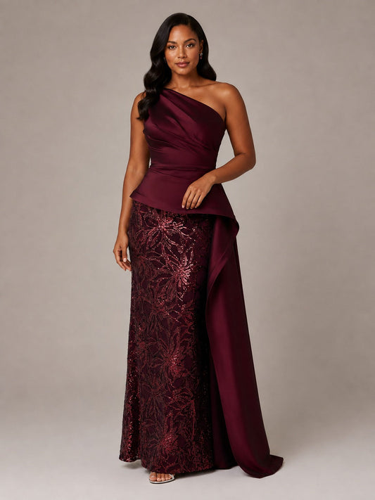 Burgundy one shoulder sequin mother of the bride dress with cascade peplum by venushours