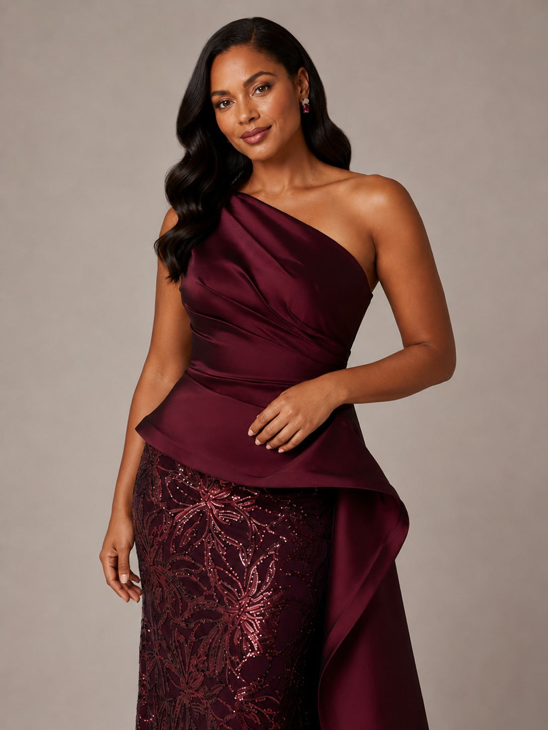 Burgundy One-Shoulder Mother of the Bride Dress with Sequin Skirt and Peplum