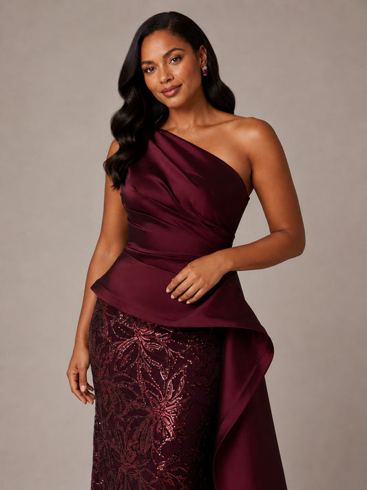 Burgundy One-Shoulder Mother of the Bride Dress with Sequin Skirt and Peplum