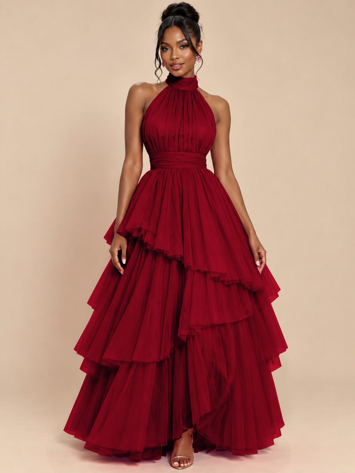 Hot Pink Tulle Halter Neck Tiered Ruffle Maxi Dress