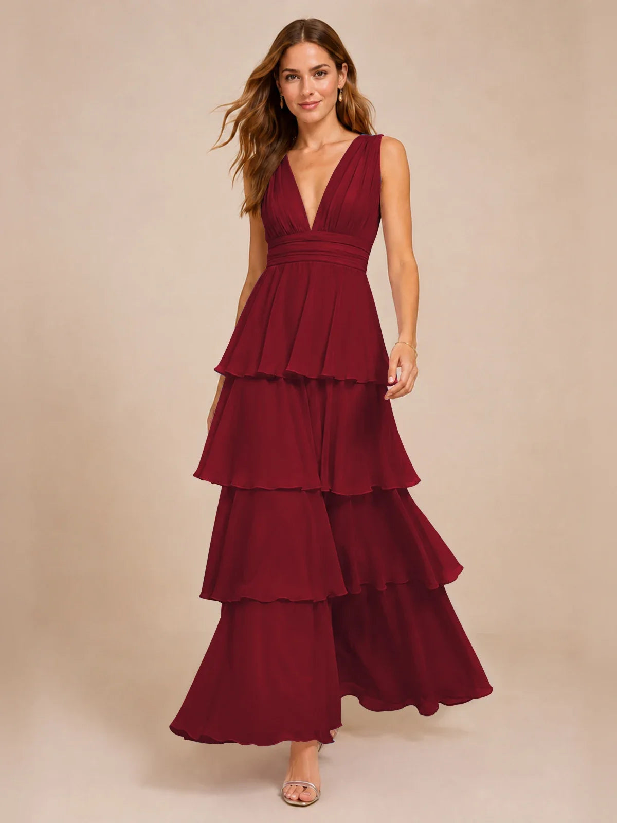Elegant Deep V Neck Chiffon Bridesmaid Dress with Tiered Ruffles