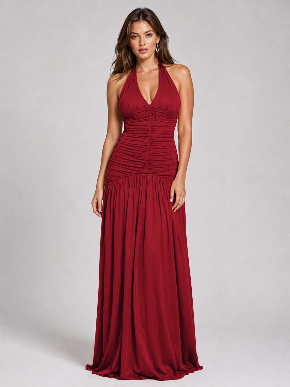 Burnt Orange Ruched Halter Drop-Waist Prom Dress