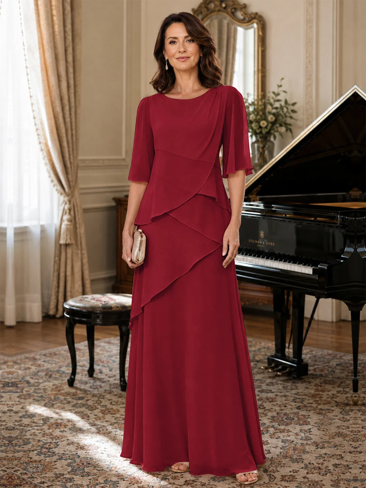 Asymmetric Draped Chiffon Mother of the Bride Dress with Flutter Sleeves