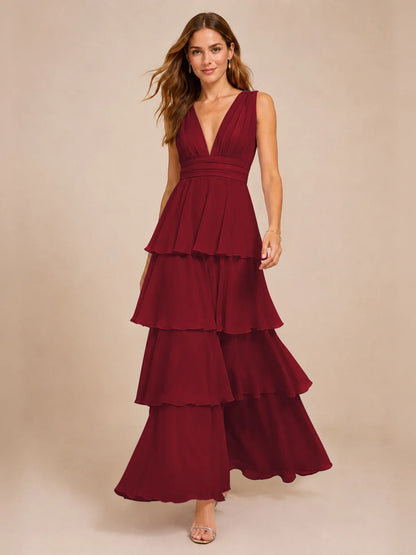 Elegant Deep V Neck Chiffon Bridesmaid Dress with Tiered Ruffles