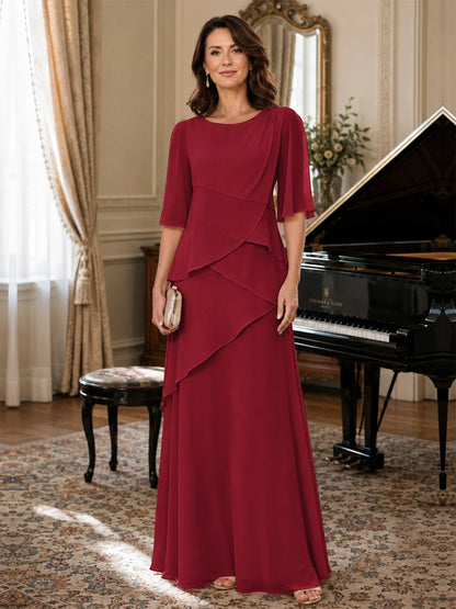 Asymmetric Draped Chiffon Mother of the Bride Dress with Flutter Sleeves