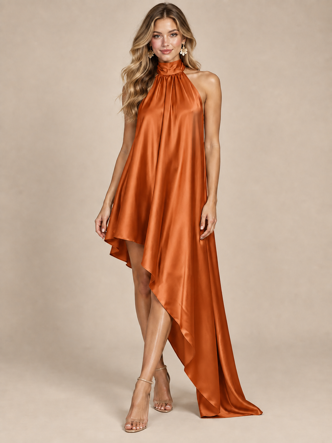 Sage Green Satin Halter Neck High-Low Maxi Dress