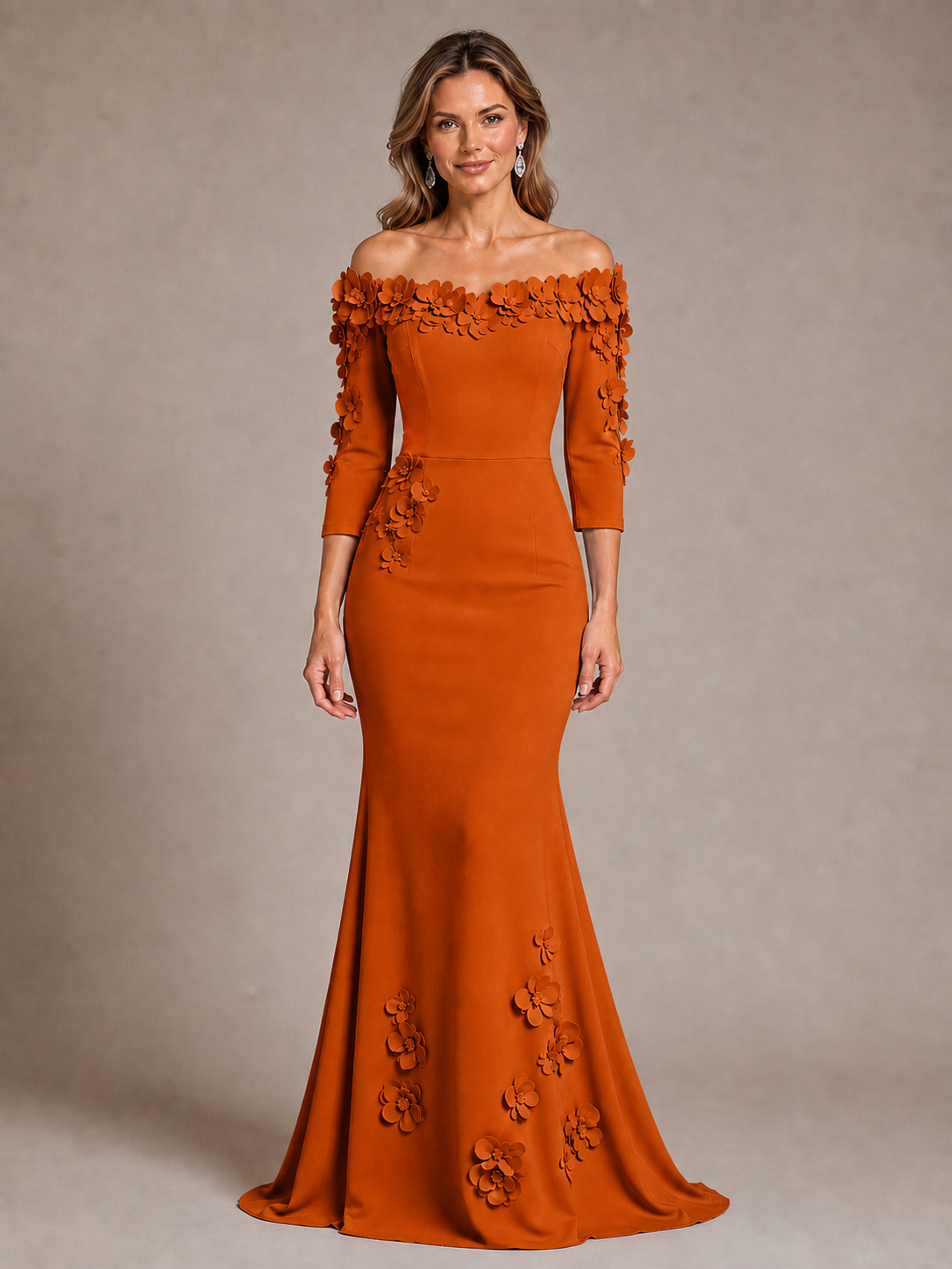 Light Blue 3D Floral Applique Off-the-Shoulder Mother of the Bride Dress