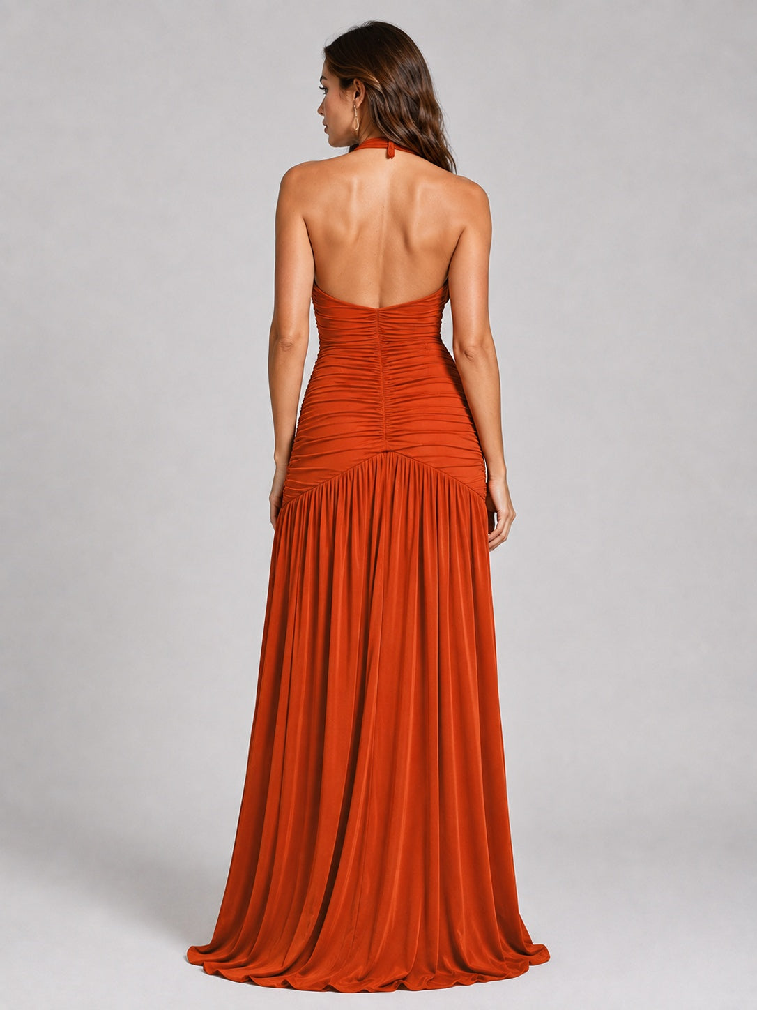 Burnt Orange Ruched Halter Drop-Waist Prom Dress