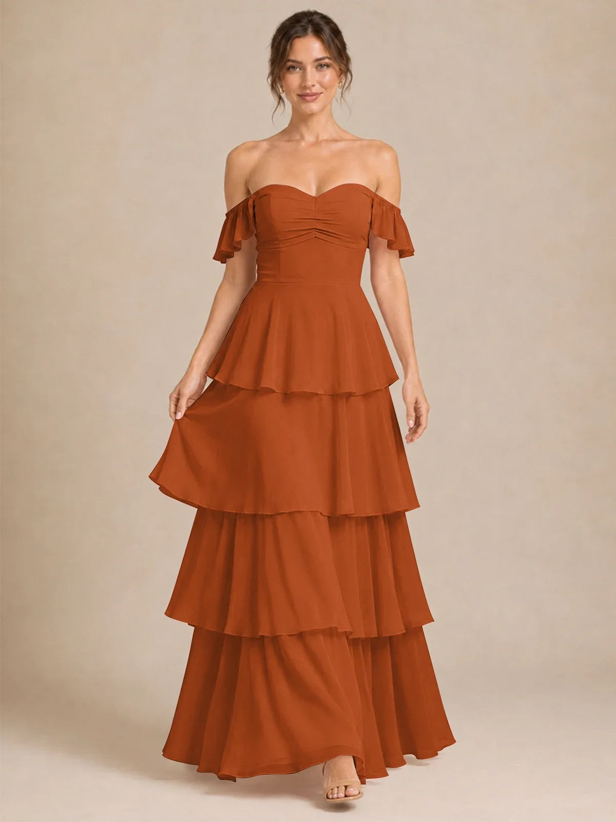 Off Shoulder Tiered Chiffon A-Line Bridesmaid Dress