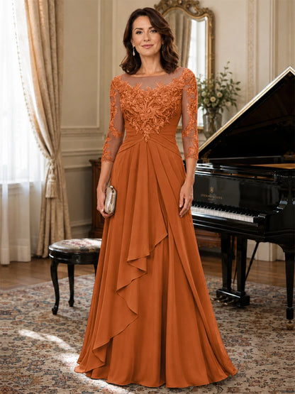 A-Line Chiffon Mother of the Bride Dress with Floral Applique 3/4 Sleeves