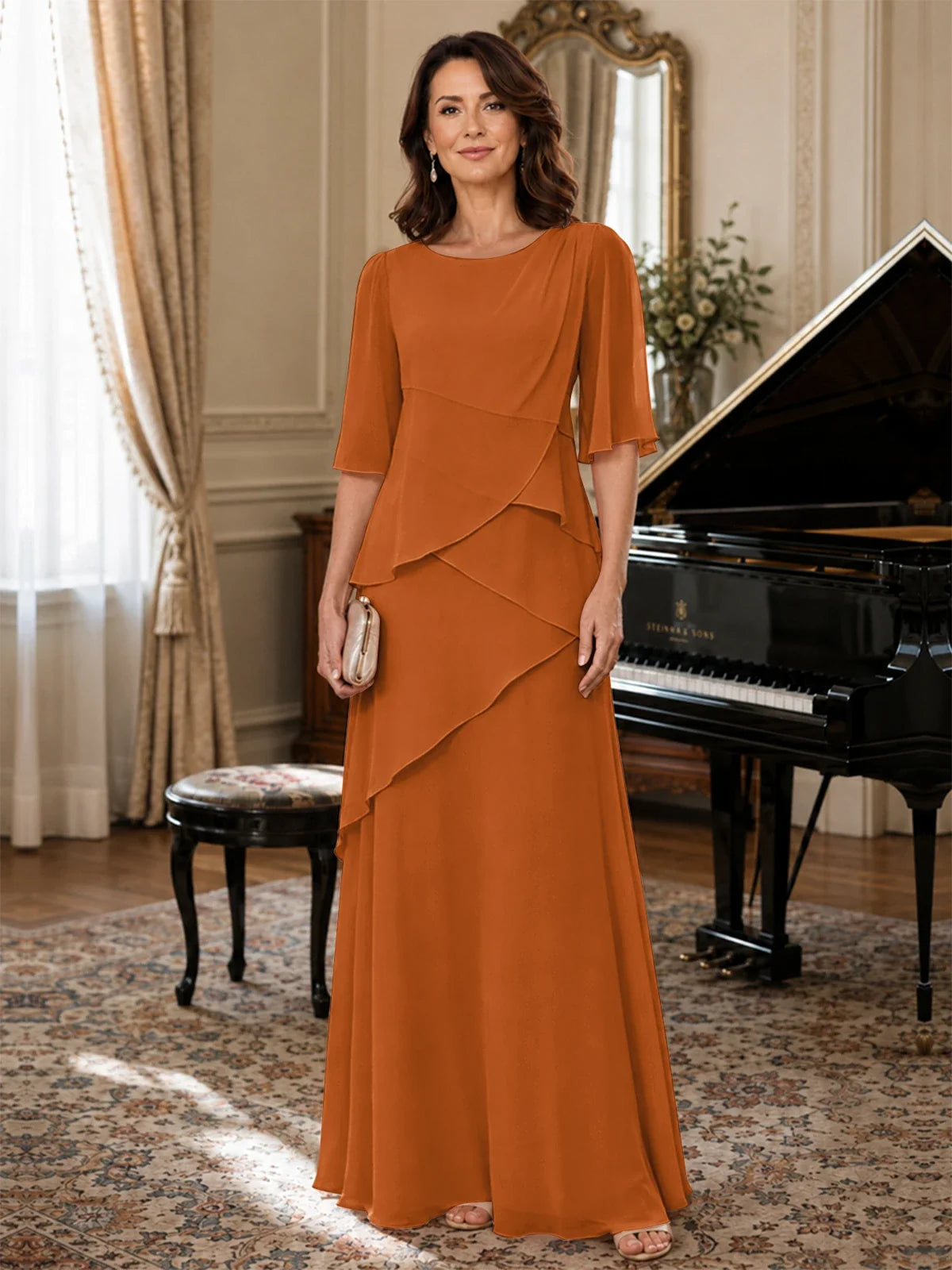 Asymmetric Draped Chiffon Mother of the Bride Dress with Flutter Sleeves
