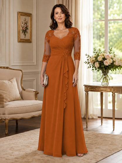 Chiffon Lace Applique Mother of the Bride Dress with 3/4 Sleeves